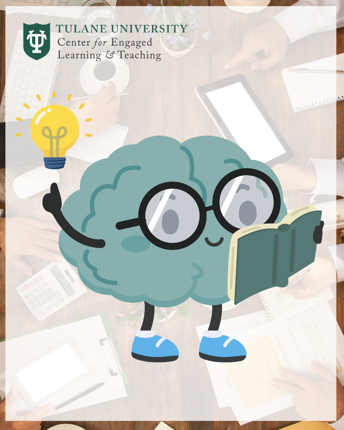 Graphic for Tulane University: Cartoon brain with glasses reading, an idea lightbulb.