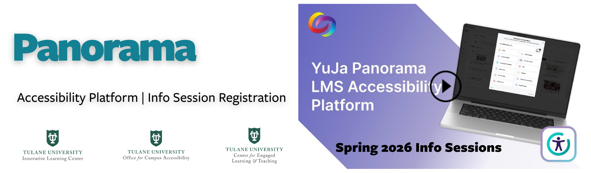 YuJa Panorama LMS accessibility platform graphic with laptop and university logos.