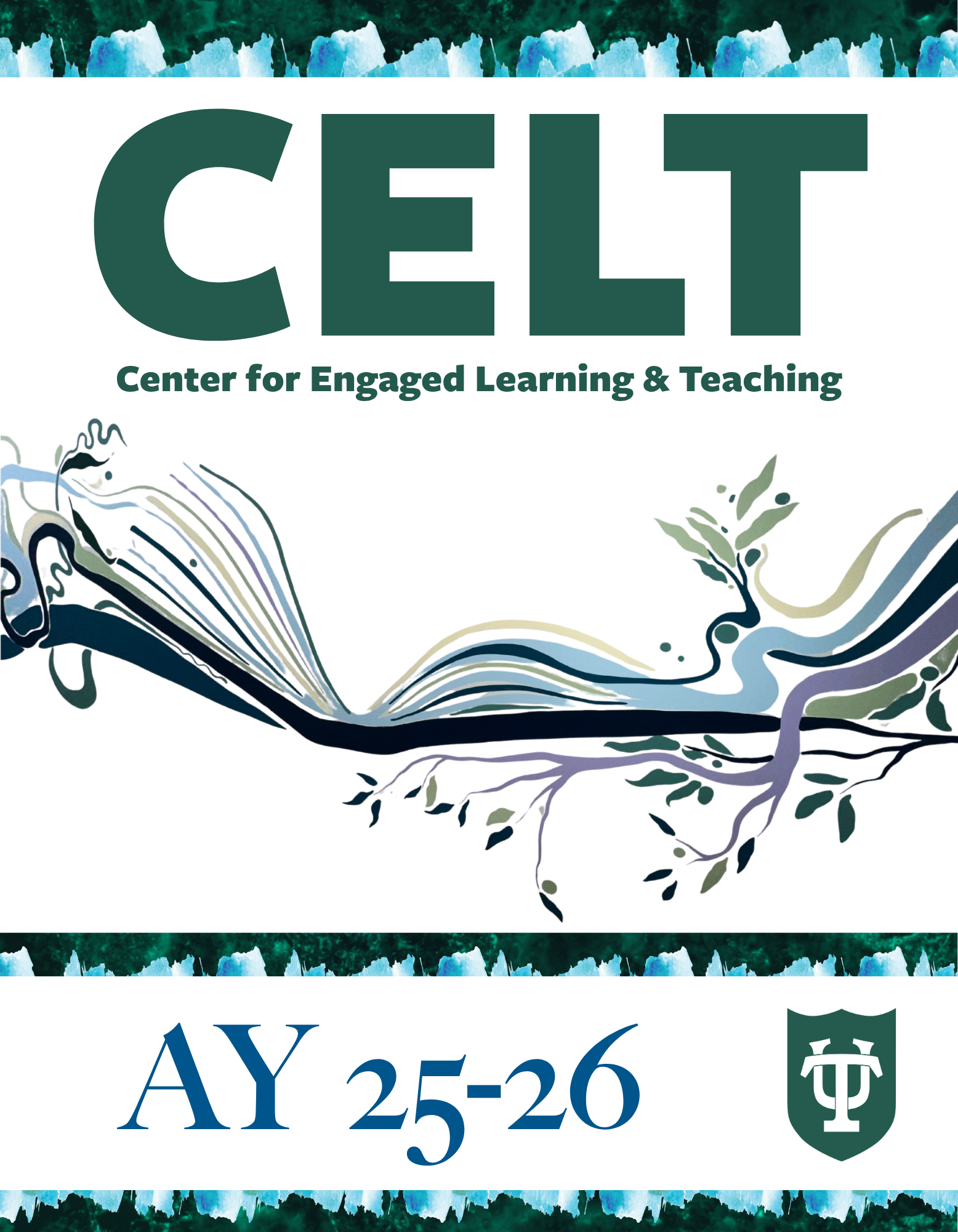 CELT Center for Engaged Learning &amp; Teaching logo with abstract branches and shield. AY 25-26.