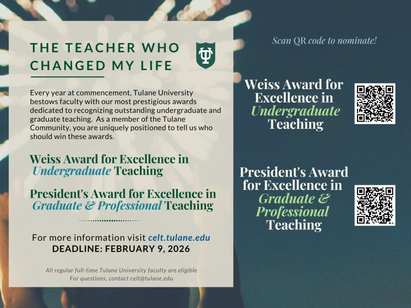 Tulane University Academic Year 25-26 Teaching Awards Nominations