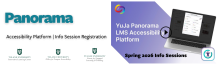 YuJa Panorama LMS accessibility platform graphic with laptop and university logos.
